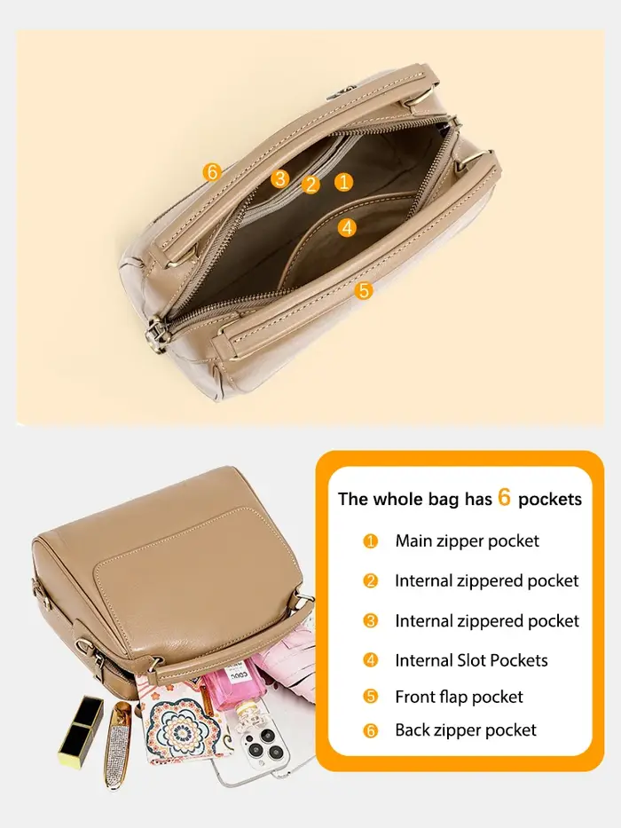 Zency sac à main en cuir véritable pour femme sac à bandoulière en peau de vache grande capacité Bos