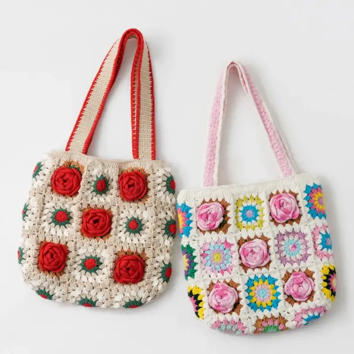 Sac en crochet fait main, tissage de 10 roses en fil de chiffon, sac à bandoulière, sac en tricot rouge, sac en fil rose, cadeau de vacances