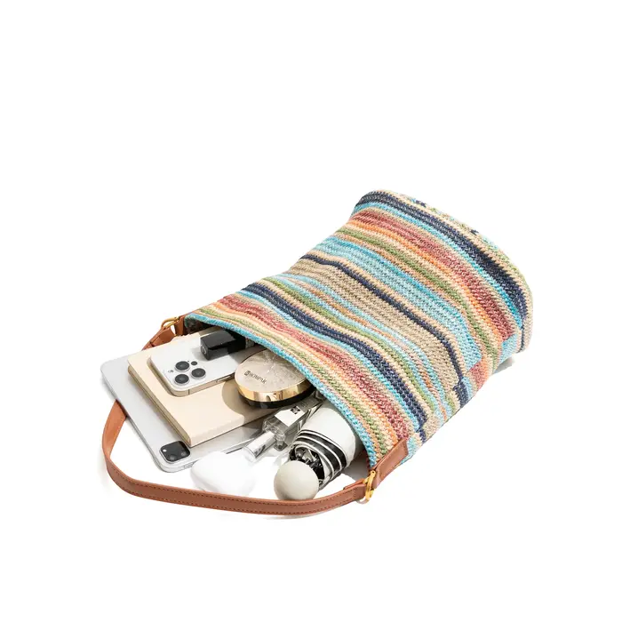Sac fourre-tout rayé coloré en stock avec poignée supérieure en cuir