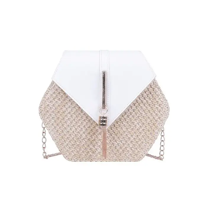 Sac à main en rotin pour femmes, sacoche en cuir PU, en paille, en forme d'hexagone, tissé à la main