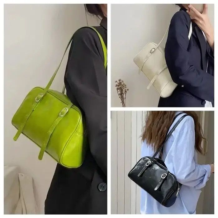 Sac Boston vert tendance grande capacité en cuir PU couleur unie
