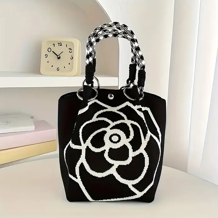 Sac à main tricoté à motif de fleurs noir et blanc, sac à main élégant de grande capacité pour femme