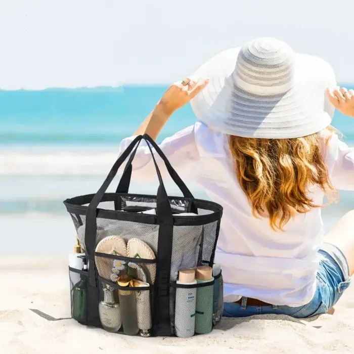 Grand sac de plage, sac à sable en filet haute capacité