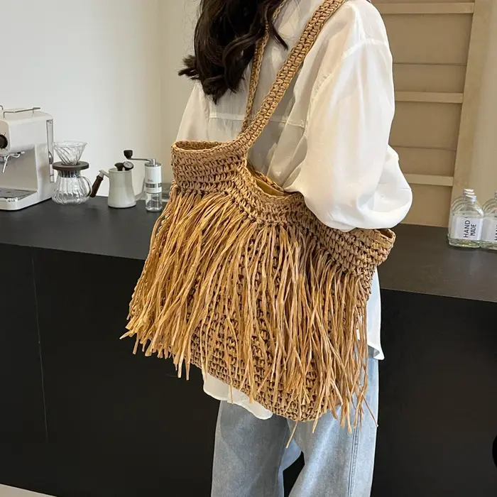 Sac fourre-tout en paille solide tissé pour femme