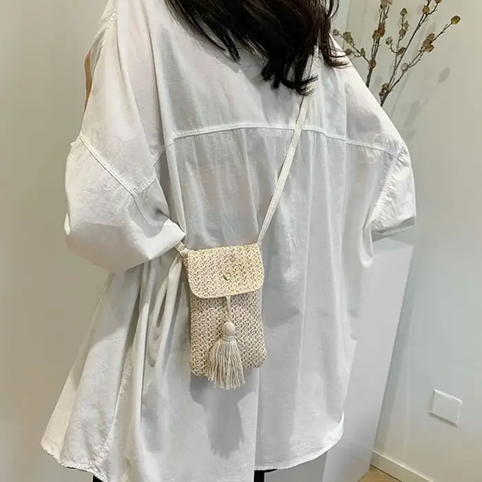 Sac à main tissé en paille tendance, fait main, style coréen, pochette pour téléphone pour femme, design de niche, couleur unie, sac de plage tissé, été