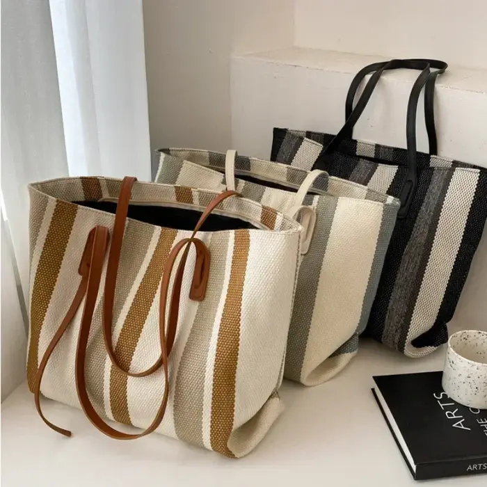 Raphia-Sac à Main en Toile à Rayures pour Femme