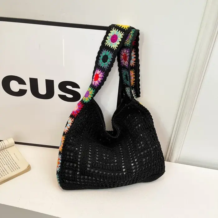 Sac à main en Crochet à fleurs, fourre-tout Boho de grande capacité, Vintage, multicolore, découpé, 