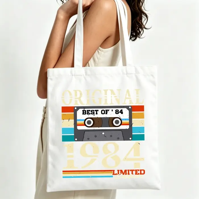 Sac fourre-tout en toile pour femme avec motif cassette rétro et texte vintage, idéal pour un usage 