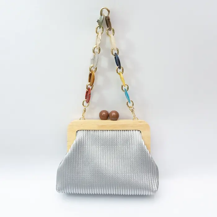Sac de soirée élégant pour femme en paille avec cadre en bois et chaîne en acrylique