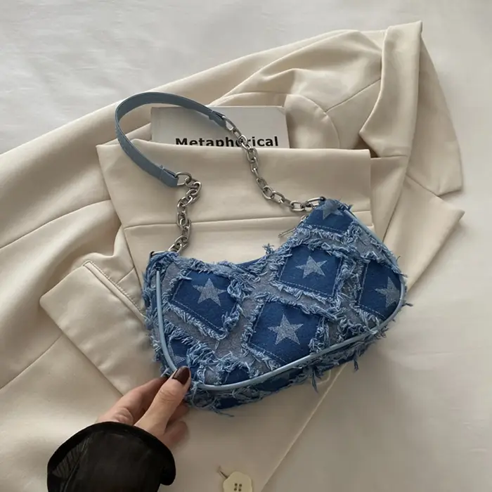 Sac décontracté en Denim délavé rétro pour femmes, sac à bandoulière à carreaux avec garniture de po