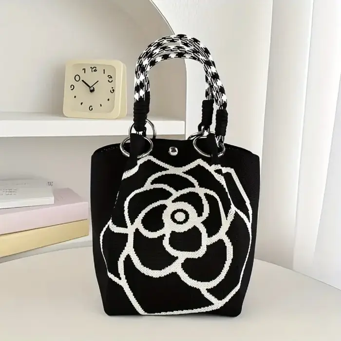 Sac à main tricoté à fleurs pour femmes, sac à bandoulière couleur contrastée, sac à main de plage P