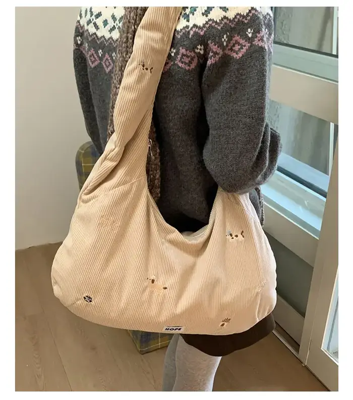 Velours côtelé broderie moraillon fourre-tout décontracté haute capacité trajet Simple sacs à bandou