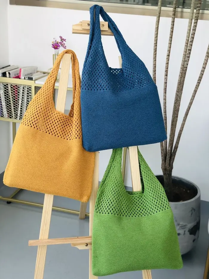 Sac fourre-tout en laine tricoté de couleur unie