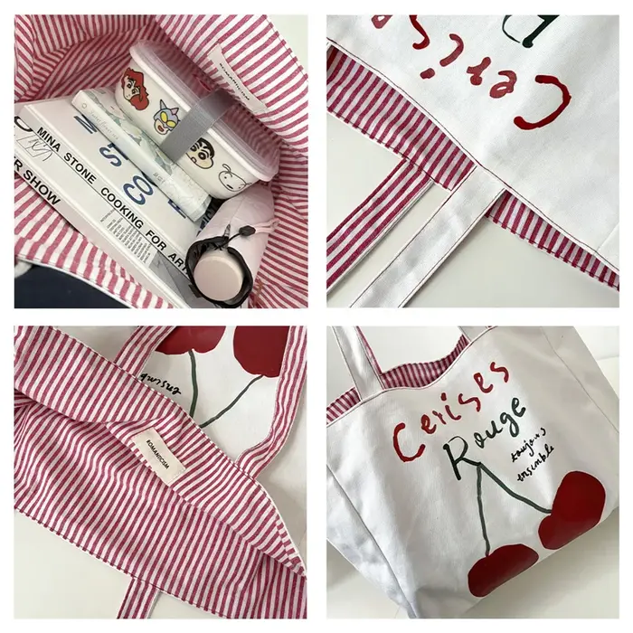 Sac à bandoulière en toile pour femmes, Design réversible, sac à main en tissu de coton, sac à main à rayures rouges cerise, grand fourre-tout, sacs de Shopping écologiques