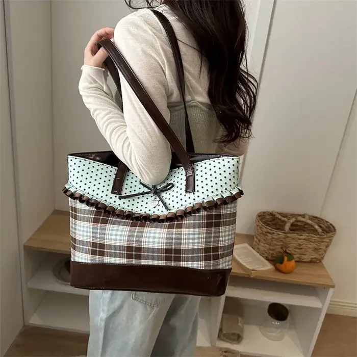 Sac fourre-tout vintage à pois et à carreaux grande capacité pour écolière
