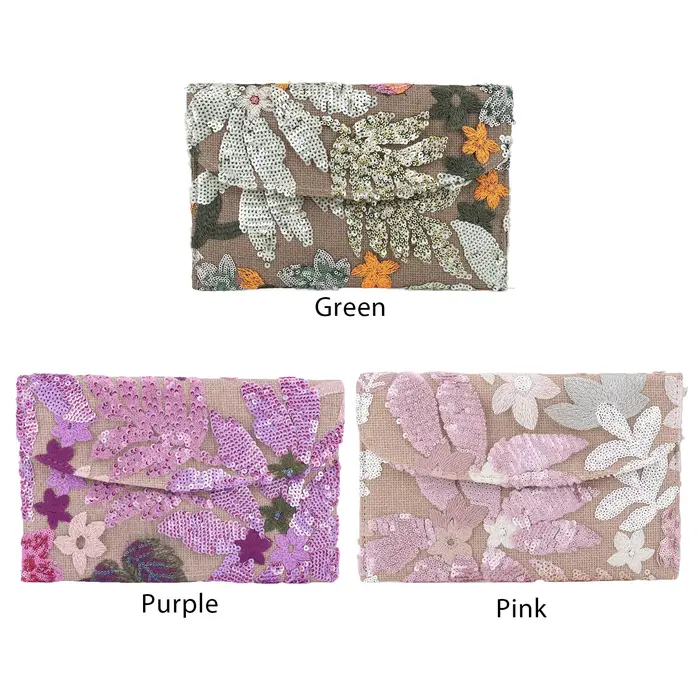 Pochette de soirée à paillettes brodées florales