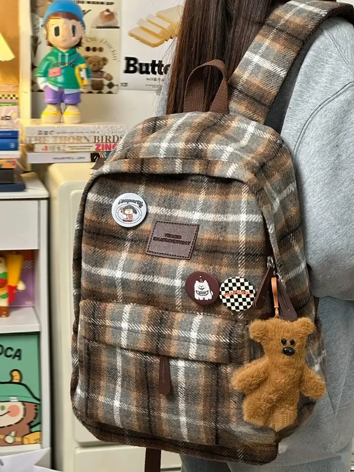 Sac à dos à carreaux vintage pour femmes, sac à dos grande capacité, mode douce, Ulzzang imprimés Girls, extérieur, décontracté, Bergame, automne, hiver