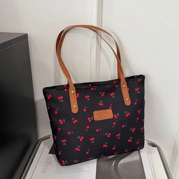 Sac à bandoulière grande capacité, design tendance, sac fourre-tout imprimé cerises, style polyvalen