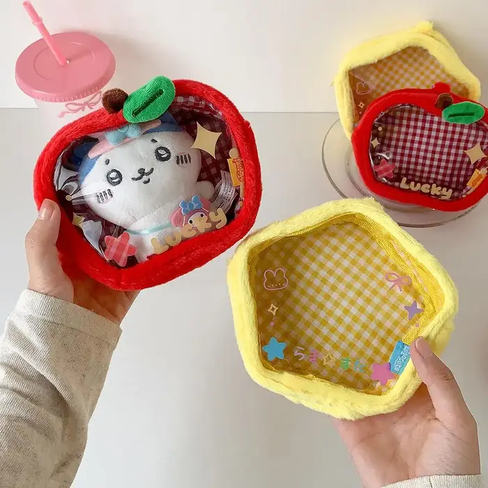 Dessin animé étoile pomme en peluche sac de rangement pendentif mignon porte-monnaie pochette porte-clés portefeuille Transparent clair Mini sac de rangement organisateur