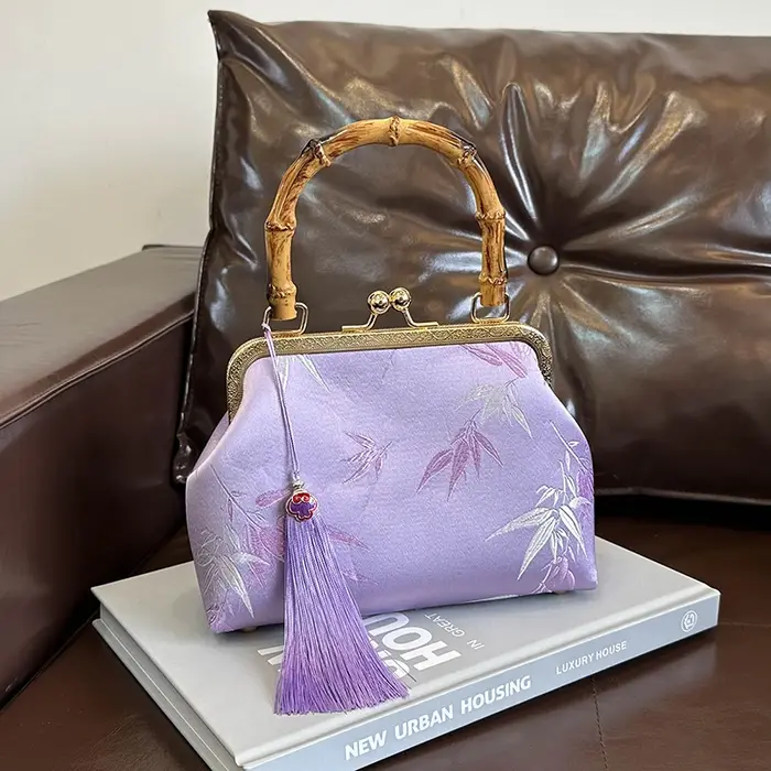 Vintage bambou poignée fourre-tout Style ethnique jour pochette violet Jacquard broderie sac à main élégant dame