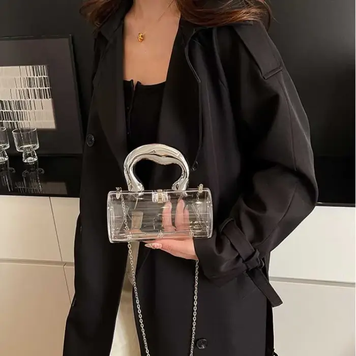 Pochette de soirée cylindrique pour femmes élégantes – Nouveauté 2026 – Sacs à main de luxe de créateur avec chaîne en acrylique – Sac bandoulière