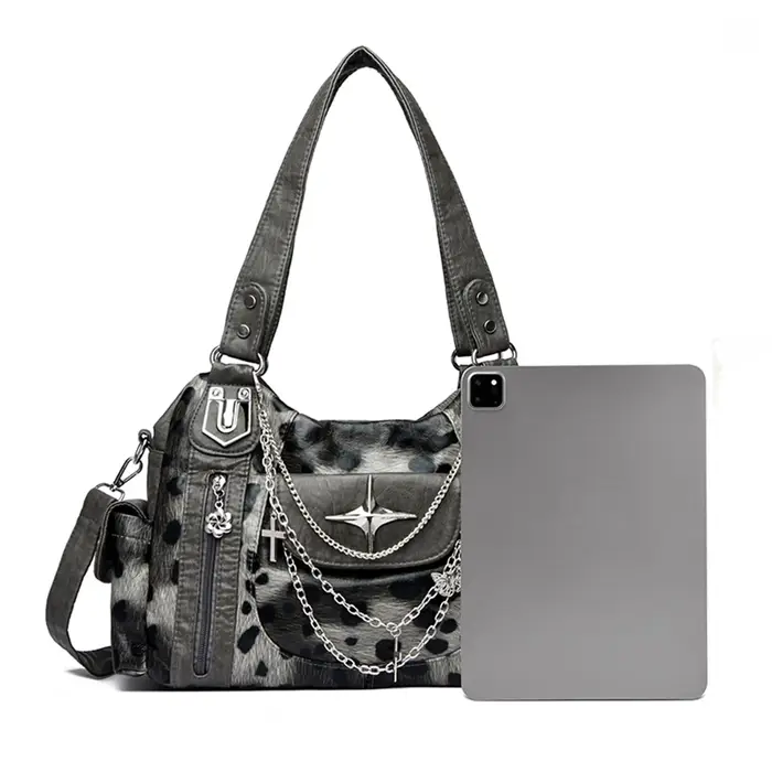 Sac à bandoulière rétro Punk pour femmes, sac à bandoulière avec chaîne en métal, multi-poches, gran