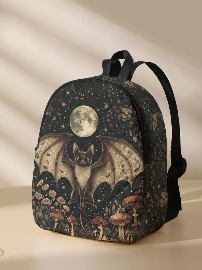 Sac à dos compact matelassé à imprimé floral Bat Moon Mushroom