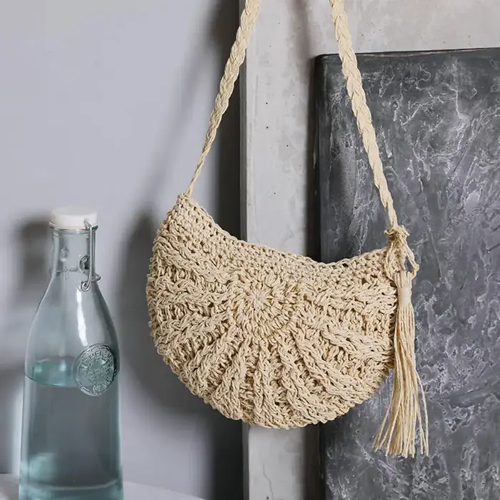 Sac de plage bohème d'été tissé à la main avec glands, crochet en coton amissié, fourre-tout de voya
