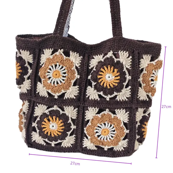Fil fait à la main Crochet sac à bandoulière Vintage grand-mère carré fourre-tout rétro tricoté fleur motif sac grande capacité Boho décontracté femmes