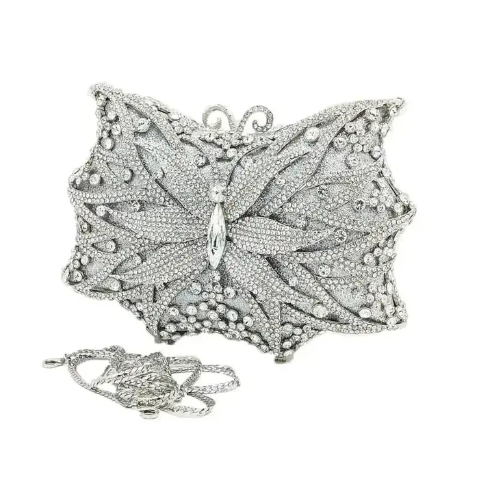 Bouotique De FGG Bling femmes argent papillon pochette sacs à main De soirée mariée mariage strass Minaudiere