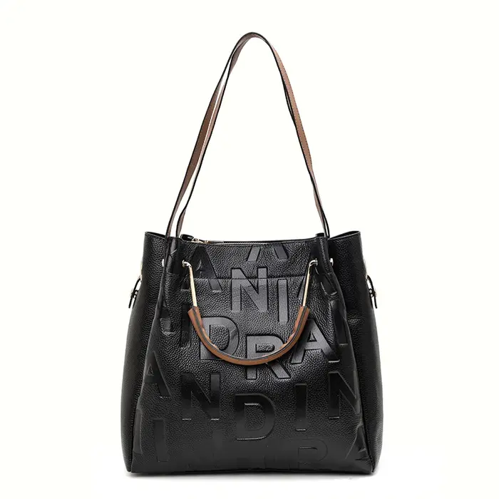 Sac à main pour femme noir haut de gamme en cuir de vache de haute qualité avec grande capacité et imprimé de lettres