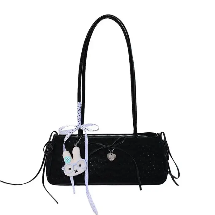 Sac à bandoulière long pour femme avec nœud à pois et breloque cœur