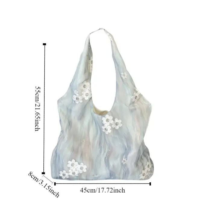 Sac fourre-tout de vacances grande capacité avec broderie florale couleur fraîche et ruban en dentelle