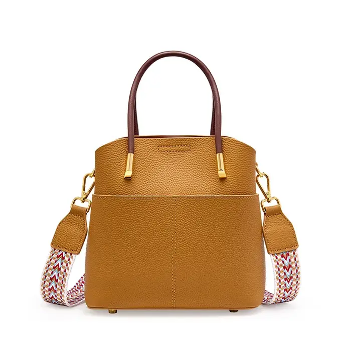 Sac seau en cuir véritable pour femme avec poignée supérieure et bandoulière amovible