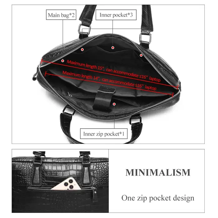 Sac pour ordinateur portable en cuir véritable gaufré crocodile, sacoche d'affaires pour homme, sac