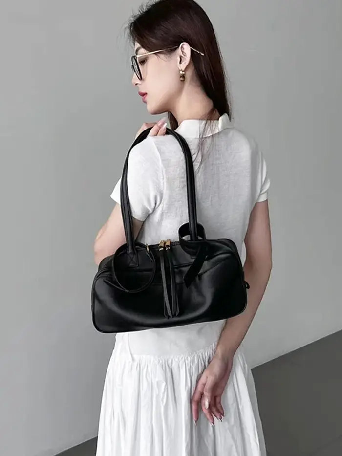 Sac d'oreiller en cuir véritable pour femmes, version haute, sac de bowling en cuir de vache à premi