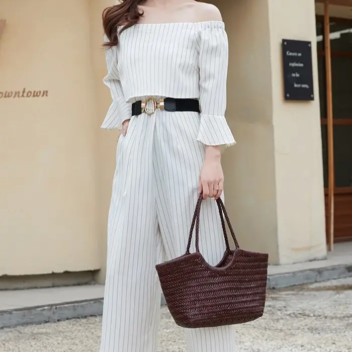 Sac fourre-tout en cuir véritable tressé à la main pour femme