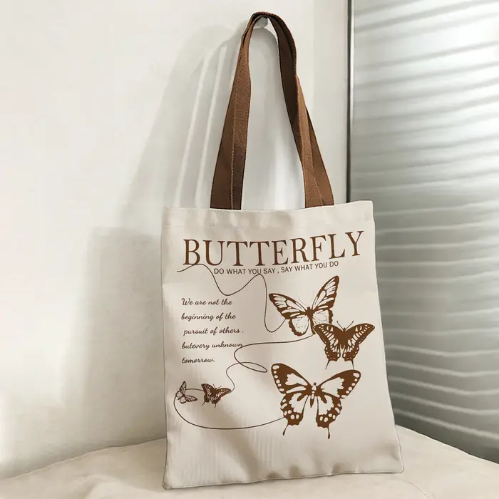 Sac fourre-tout vintage marron avec imprimé papillon et citation
