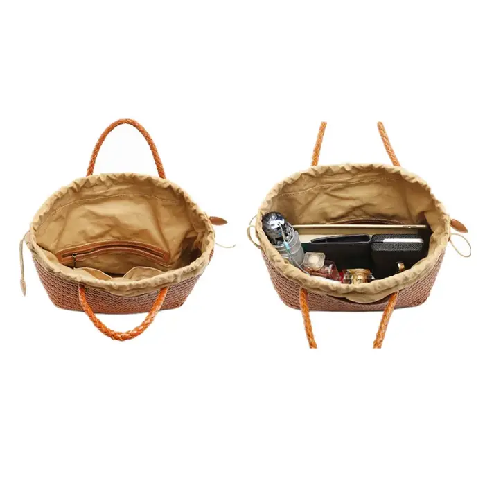 Sac panier à légumes décontracté tissé à la main en cuir véritable avec sac intérieur