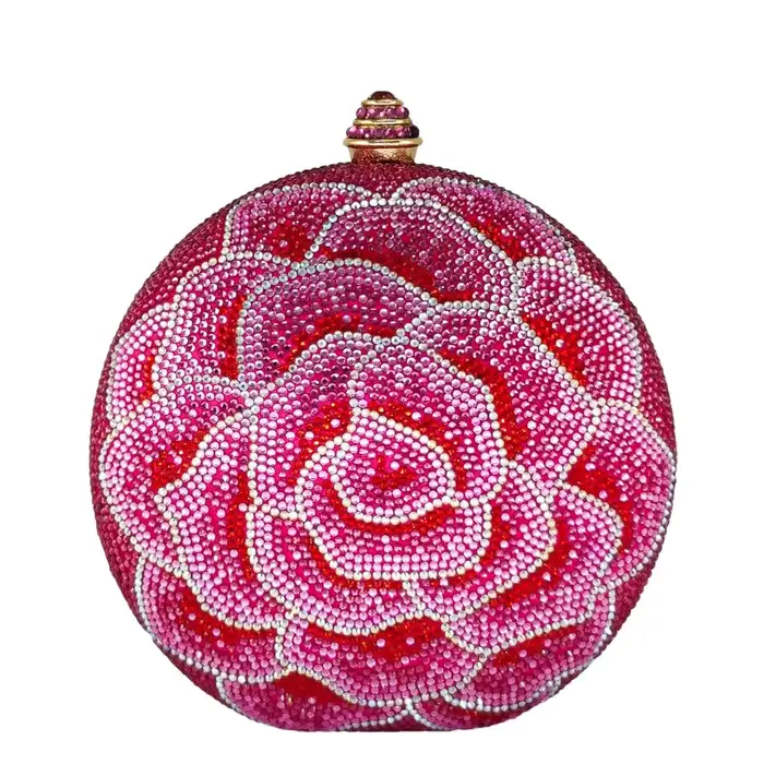 Boutique De FGG Pochette ronde à fleurs pour femme, sac de soirée en cristal rose, pochette florale 