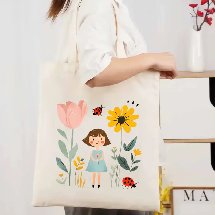 Sac fourre-tout en toile crème avec imprimés fille