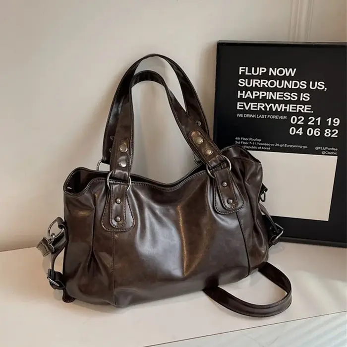 Sac fourre-tout en cuir vintage pour femmes, sac à bandoulière rétro grande capacité, sac à main pol