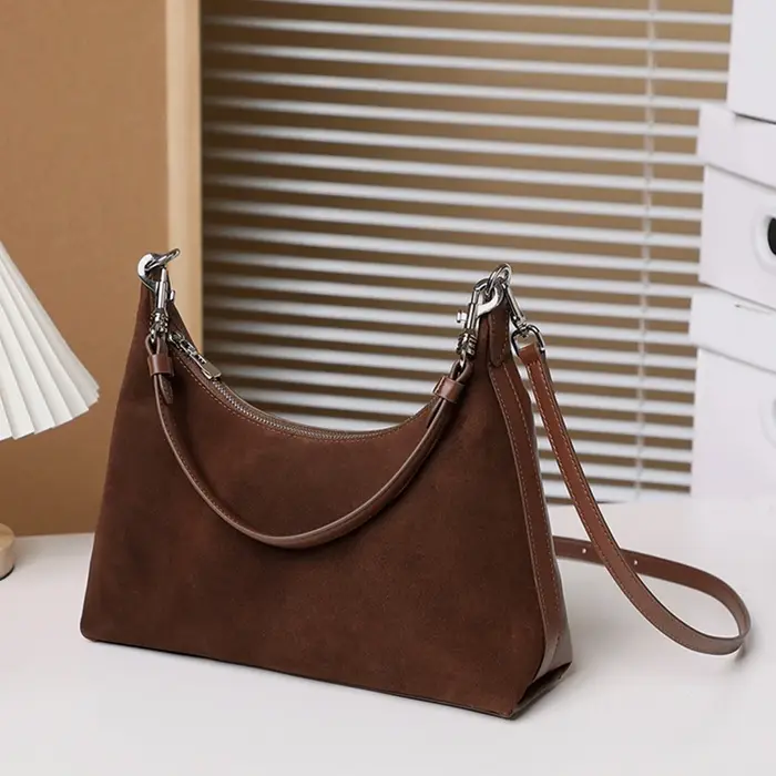 Sac à main rétro en cuir véritable et daim pour femmes, sac à bandoulière sous les bras en cuir de v