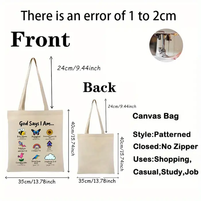 Sac fourre-tout en toile blanche avec versets bibliques inspirants et éléments naturels et texte colorés