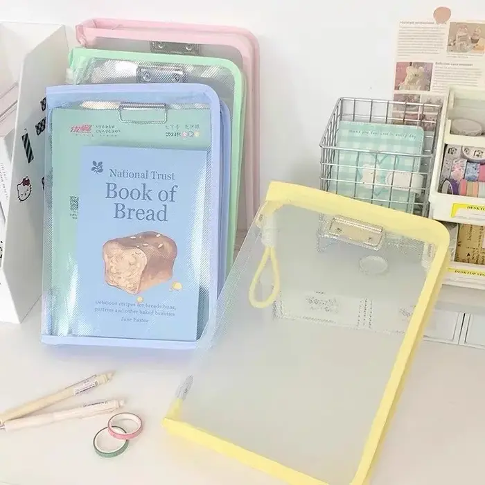 Sac de rangement de documents transparent à fermeture éclair avec clip