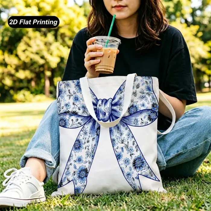 Sac fourre-tout de grande capacité à motifs floraux bleus et blancs avec nœud