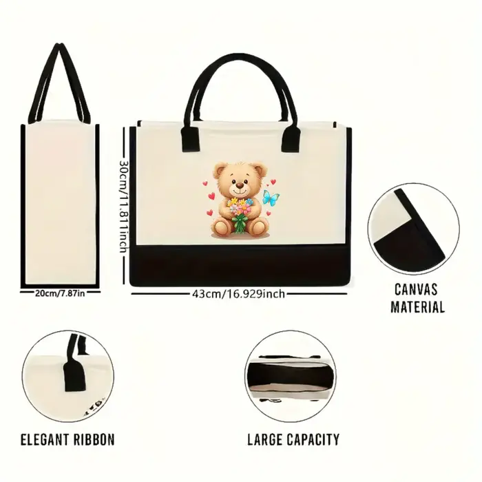 Adorable sac à main en forme d'ours en peluche crème et noir avec imprimé ours floral et cœur
