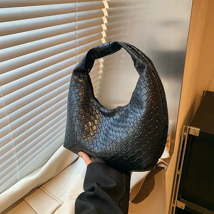 Femmes classique mode tissé en relief Hobo souple en cuir PU petit sac à bandoulière à poignée supér
