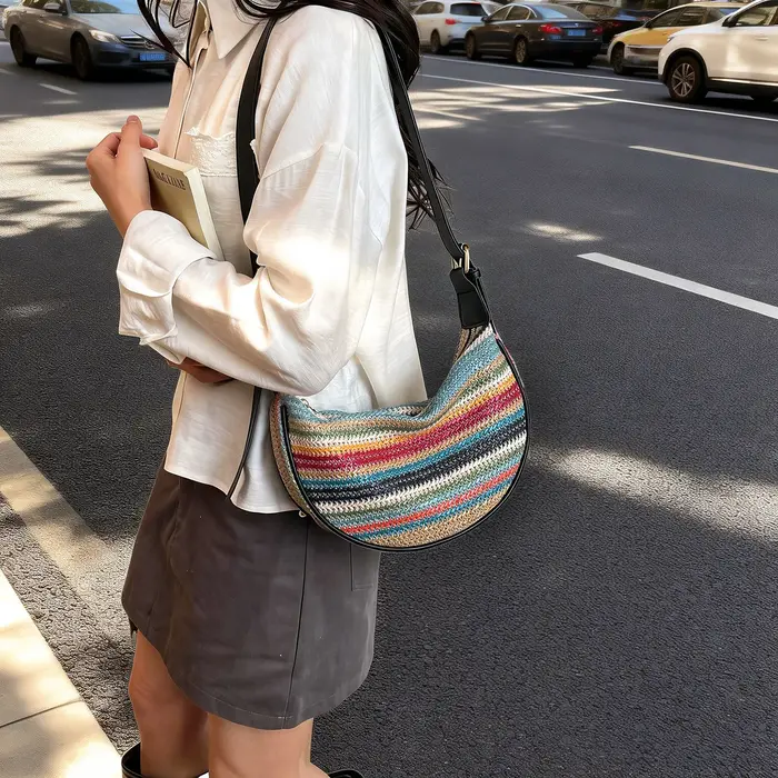 Sac Hobo Bohème pour Femme, Sac Bandoulière Tissé à Rayures, Sangle Réglable, Sac à Épaule Multifonc