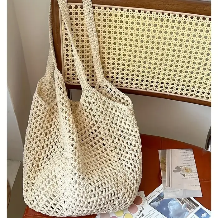 Sac tissé décontracté de grande capacité pour femme - Sac de plage ouvert avec bandoulière réglable